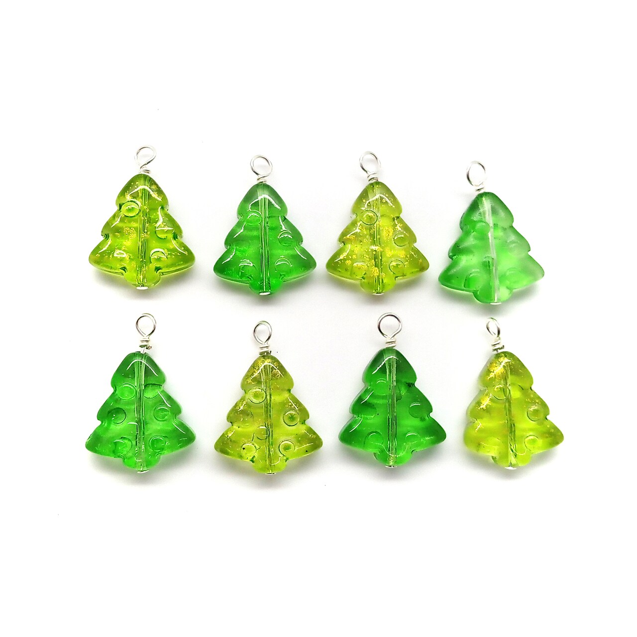 Christmas Tree Glass Bead Charms, 8 pieces, Green Pine Tree Dangles, Adorabilities